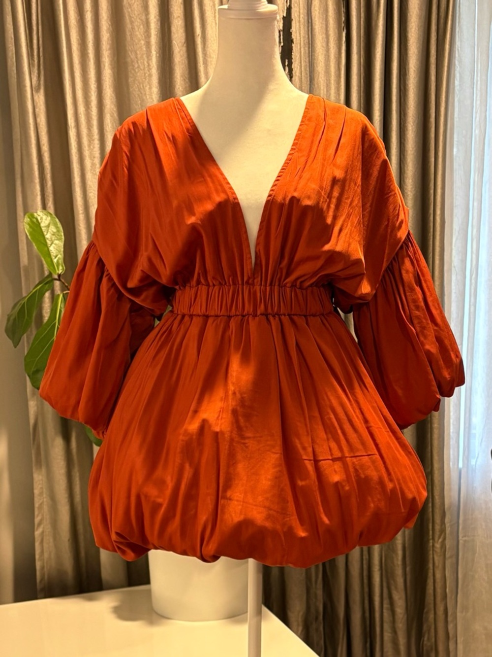 Women’s Deep V Balloon-Sleeve and Bottom Dress- Rust Orange